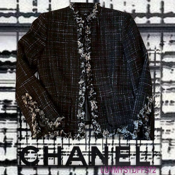 Pretty Vintage Nipon Boutique Jacket in Black/White Plaid with Silk Fringe Trim - Picture 6 of 12